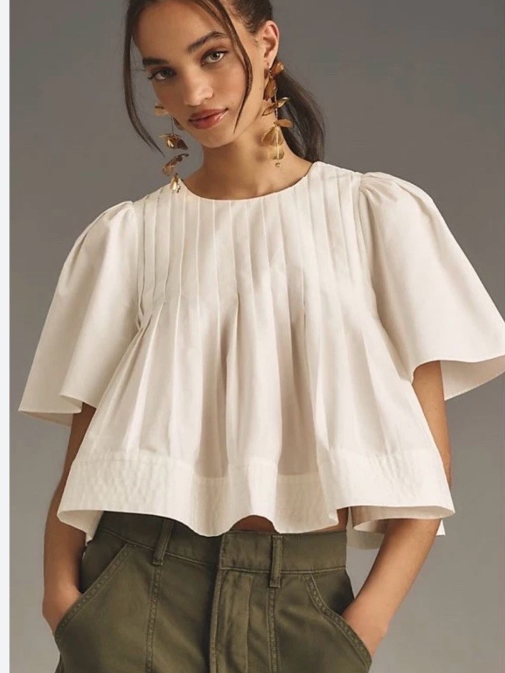 Mare Mare by Anthropology White Pleated Short Sleeve Blouse